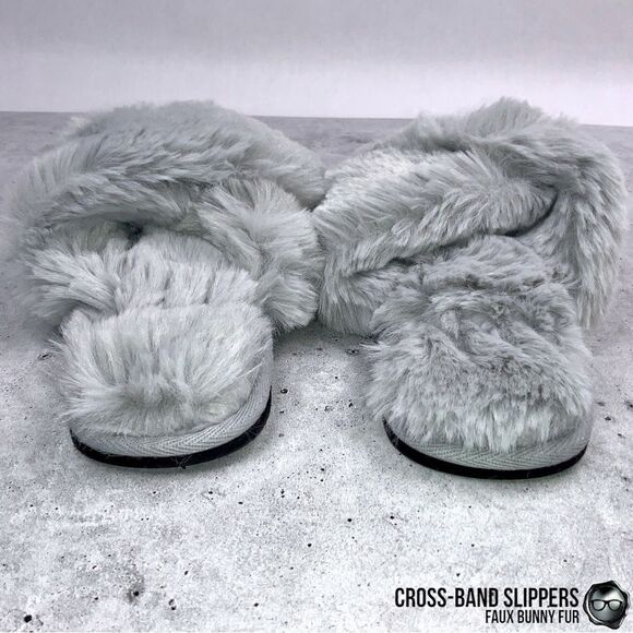 FUZZY FAUX BUNNY FUR CROSS BAND SLIPPERS IN GREY NON-SLIP SIZE MEDIUM 5.5 - 6.5 - Picture 6 of 14